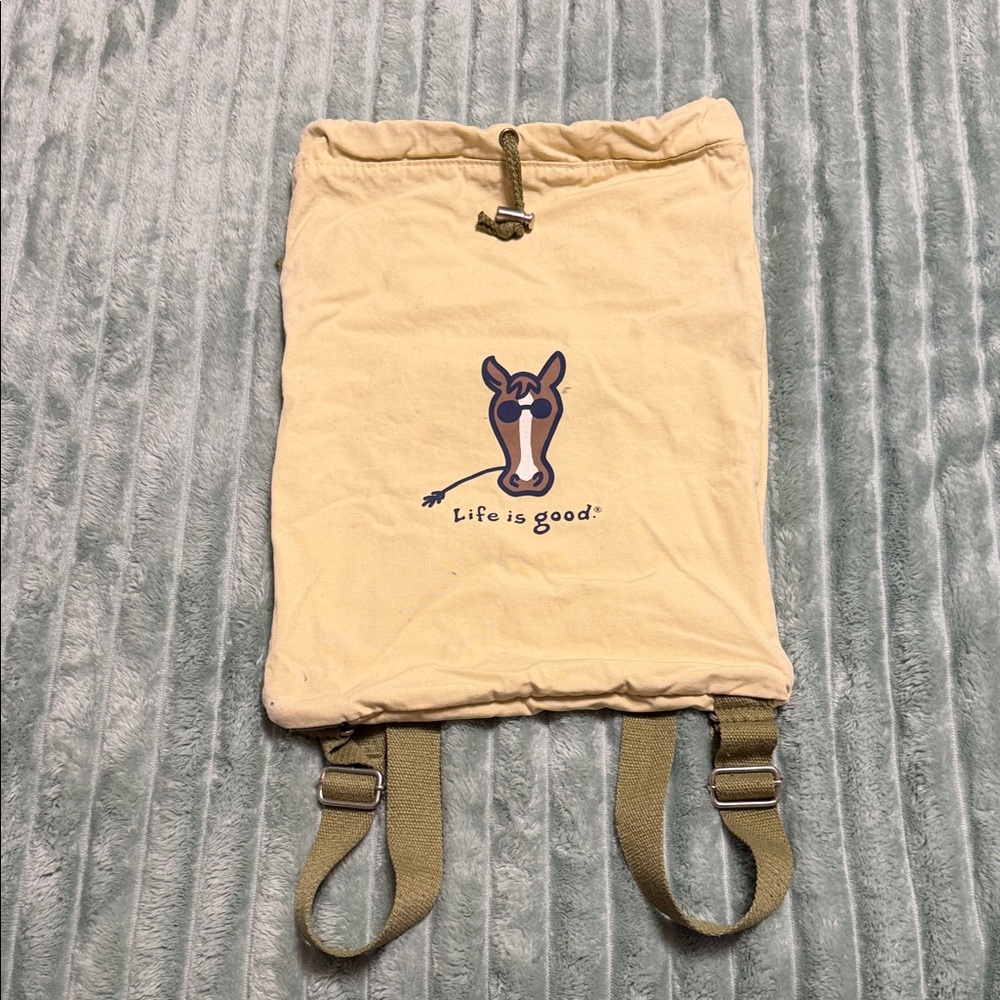 Life Is Good Cream Backpack with Green Straps